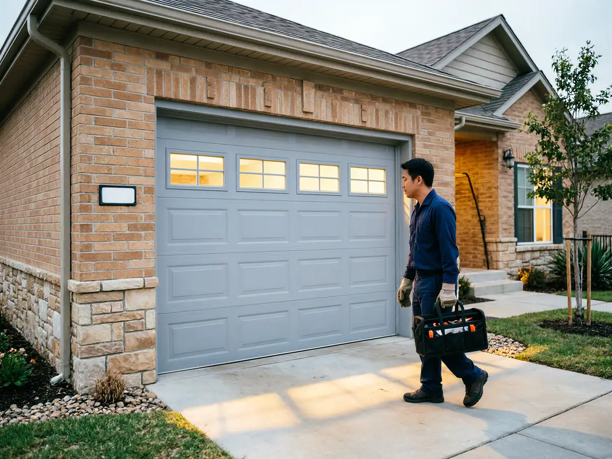 A technician walks toward a gray garage door with a toolbox.