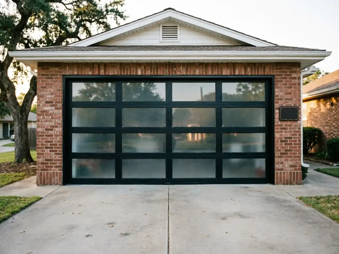 A modern black garage door with frosted glass panels on a brick house.