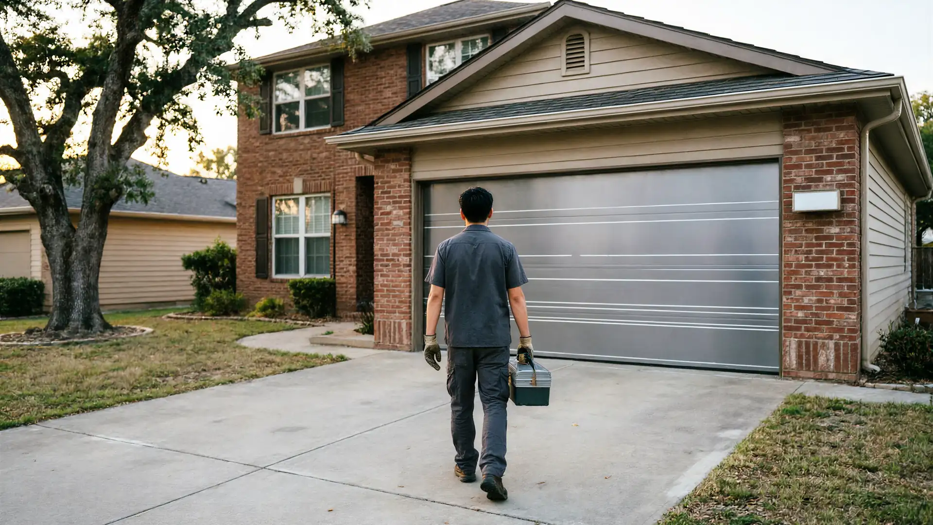 A technician walks toward a house with a closed silver garage door, carrying a toolbox.