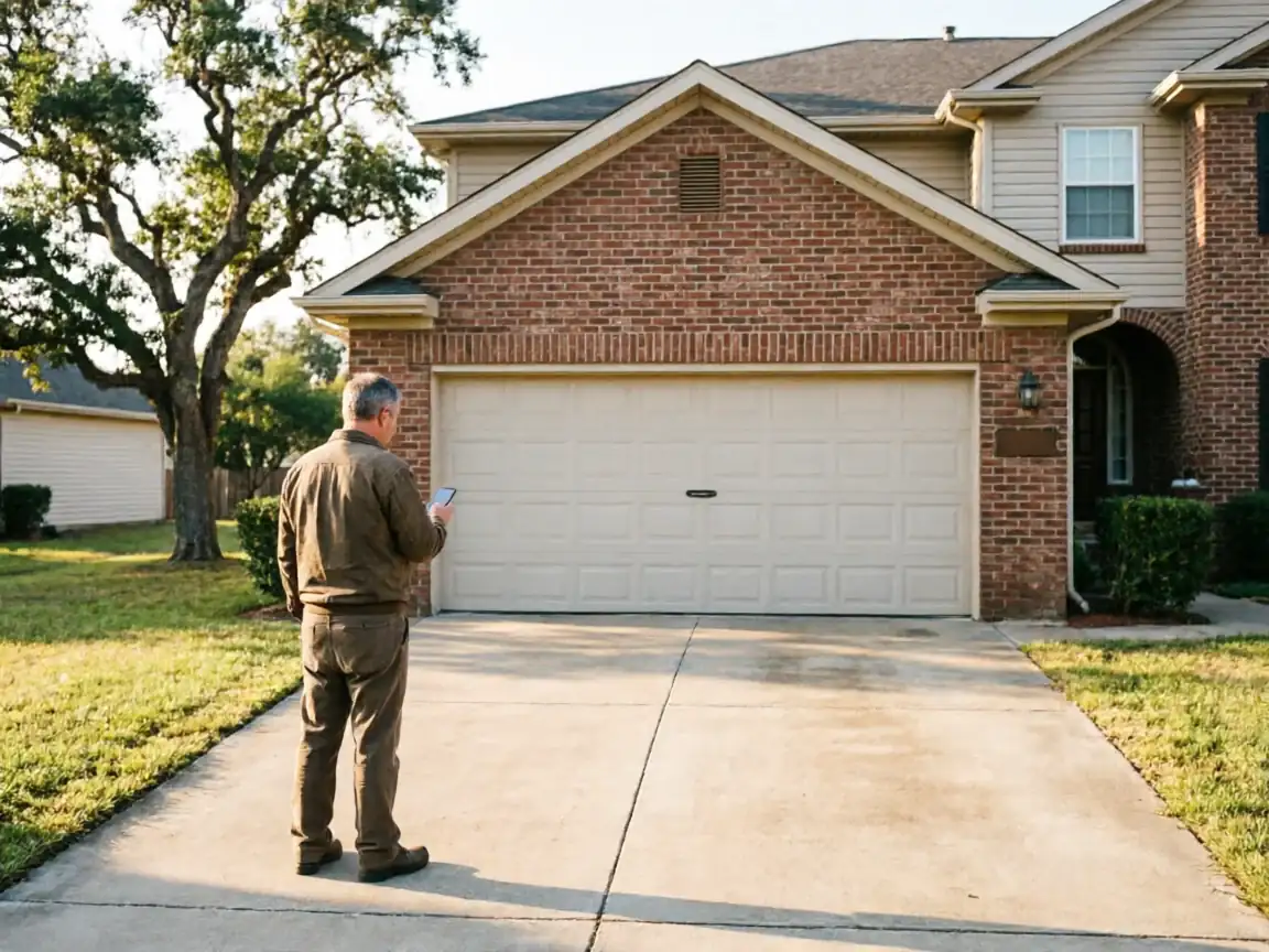 A man stands in a driveway looking at his phone in front of a garage door.