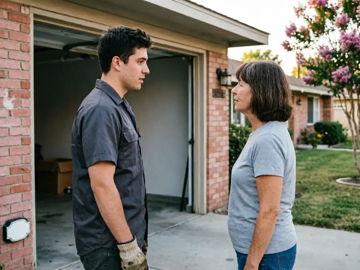 A technician talks to a woman in front of a brick house with an open garage.