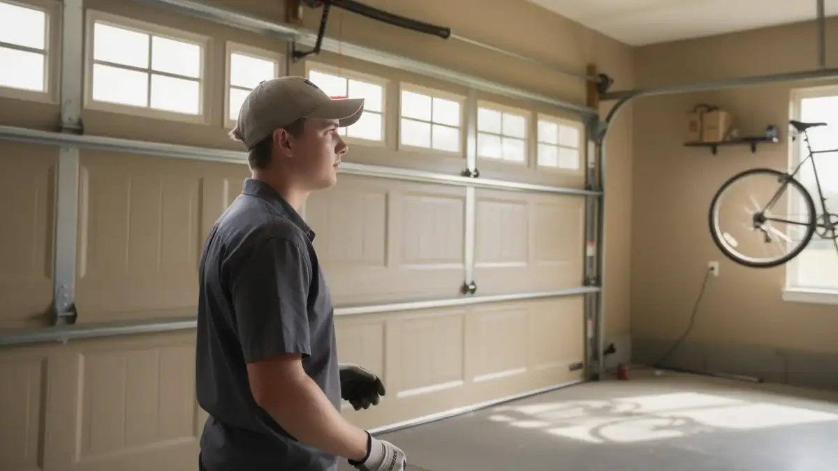 A technician in a gray uniform and cap stands in a garage with a tan door.