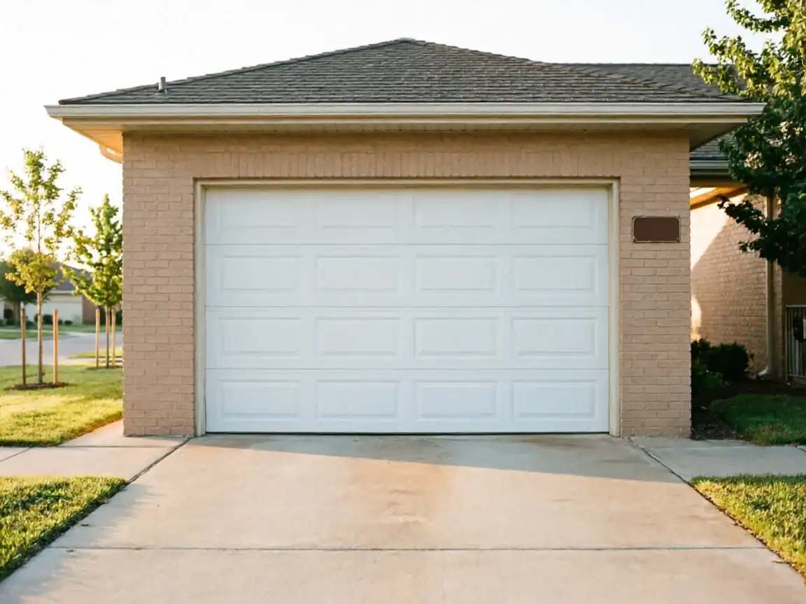 A white paneled garage door on a light brown brick house.