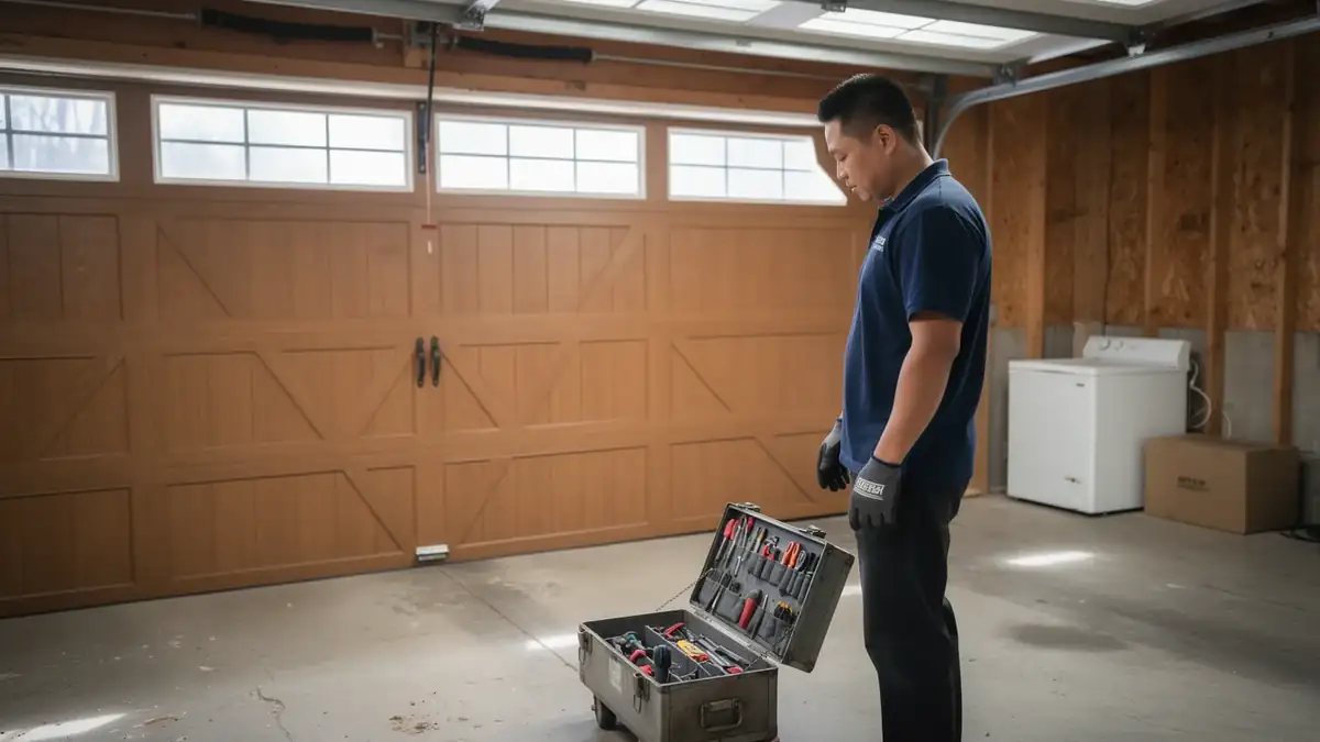 A technician stands next to an open toolbox in front of a wooden garage door.
