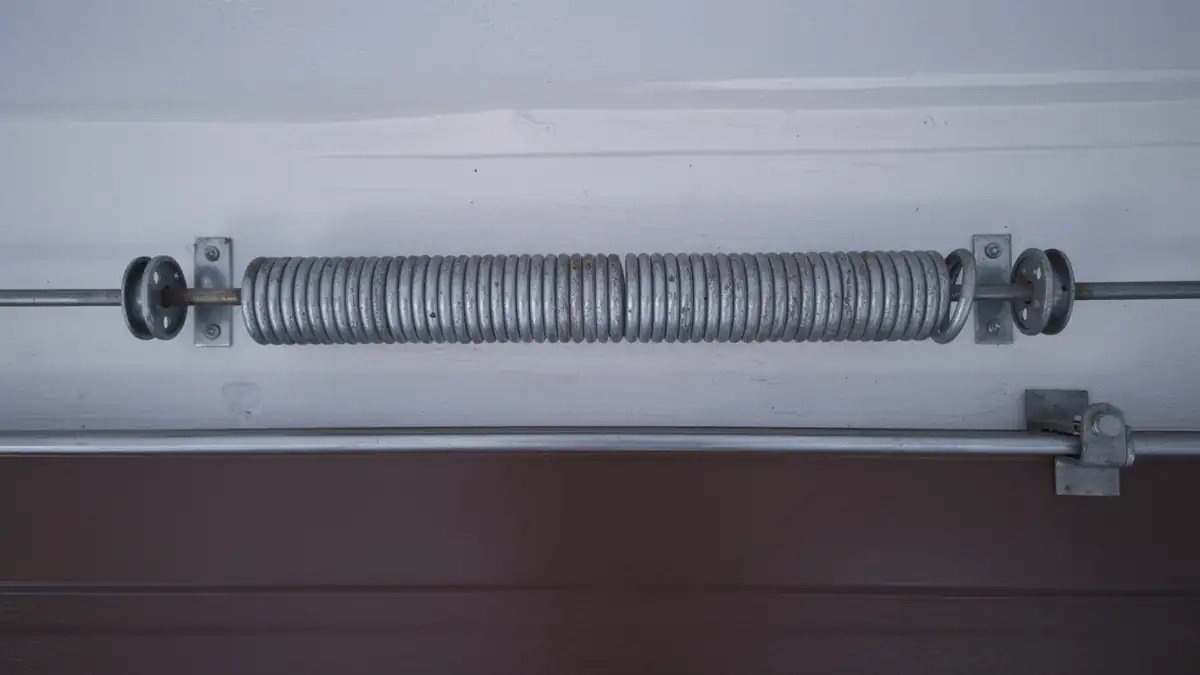 A garage door torsion spring is mounted above a brown garage door.