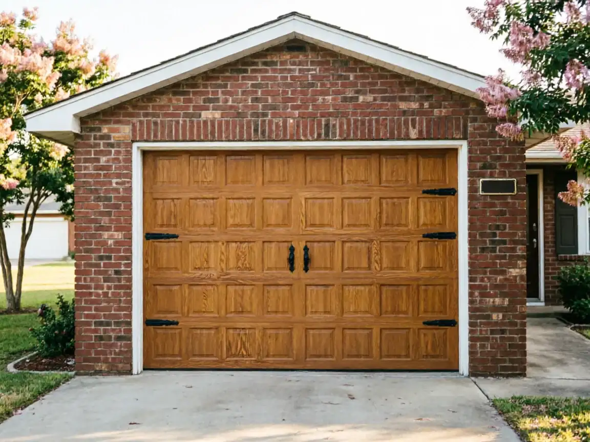 A brown wooden garage door with black hardware on a brick house.